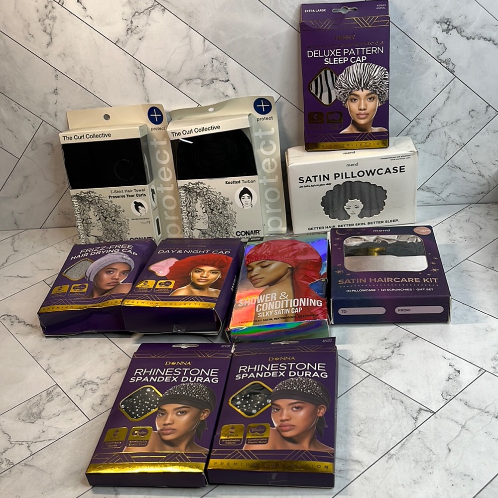 NWT Hair Accessories CVS Durags,  Drying Caps, Satin Pillow Cases 10 items (#16)